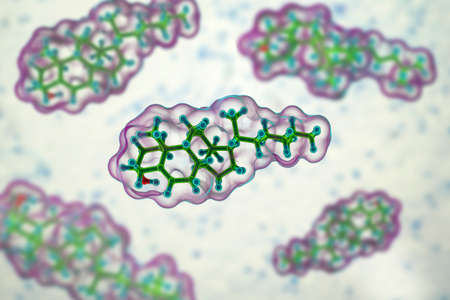 Molecule of cholesterol, 3D illustration. Cholesterol is a type of lipid, essential component of the cell membranes in mammals, its blood level is used as health indicatorの写真素材