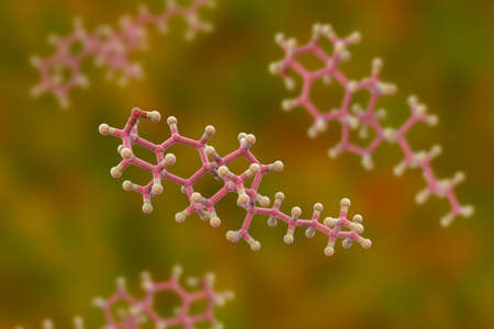 Molecule of cholesterol, 3D illustration. Cholesterol is a type of lipid, essential component of the cell membranes in mammals, its blood level is used as health indicatorの写真素材