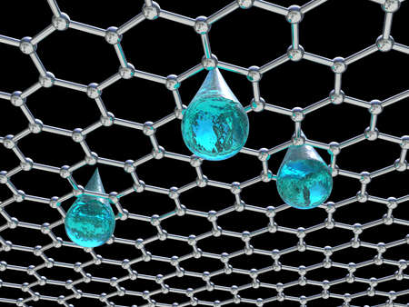 Graphene water filter, conceptual 3D illustration. Water filtration, making drinking water from sea...