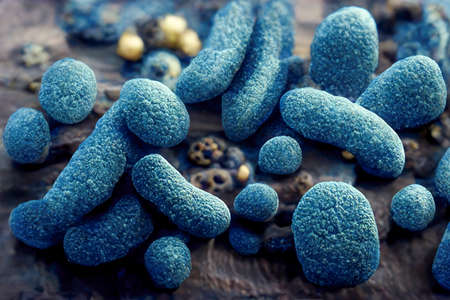 Microbes of different shapes, 3D illustration. Group of microorganisms. Picture render by neural network.の素材