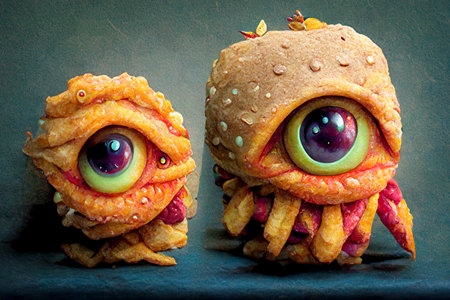 Fast food monsters, concept of healthy nutrition, the Burger Monster, digital illustration in 3D style. Picture render in neural networksの素材