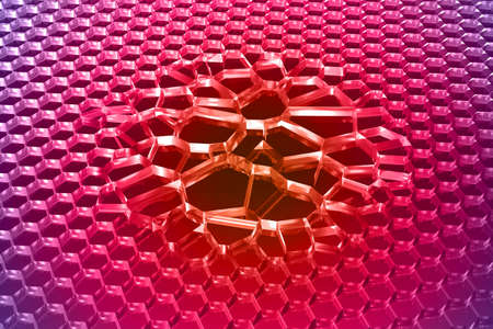 Graphene disorders, conceptual 3D illustration. Graphene is an allotrope of carbon arranged in a...