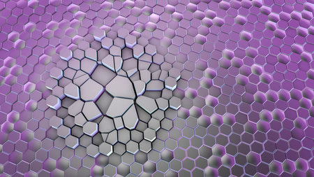 Graphene disorders, conceptual 3D illustration. Graphene is an allotrope of carbon arranged in a single-layer honeycomb lattice atomic nanostructure. The images shows abnormality in graphene structureの写真素材