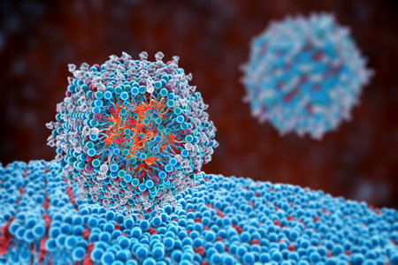 Lipid nanoparticle siRNA antivirals entering a human cell. A type of nanoparticle delivery system,...