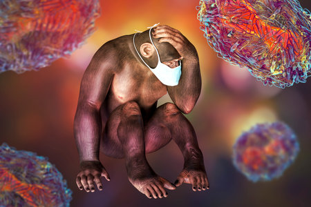 Monkeypox awareness. Monkey in a medical mask sitting in upset position surrounded by monkeypox...
