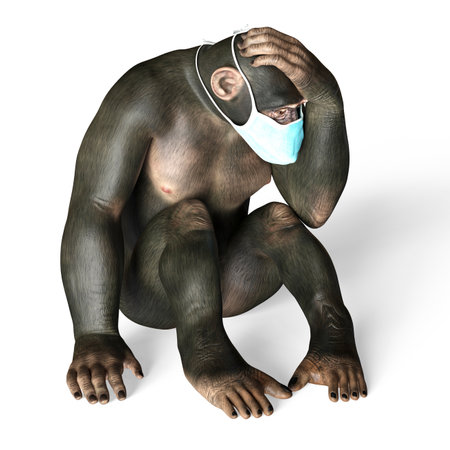 Monkey in a medical mask sitting in upset position, conceptual 3D illustration. Monkeypox awareness.の写真素材