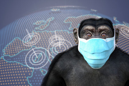 Upset monkey in a mask on a background with Earth map, conceptual 3D illustration. Monkeypox awareness.の写真素材