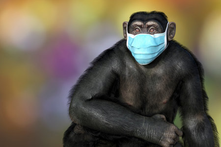 Chimpanzee monkey in a medical mask, conceptual 3D illustration. Monkeypox awareness conceptの写真素材