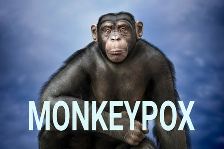 Chimpanzee monkey and Monkeypox text, conceptual 3D illustration. Monkeypox awareness concept