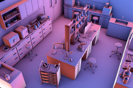 Chemical, research and diagnostic laboratory, 3D illustration. Colorful scientific background with chemical glassware and furnitureの写真素材