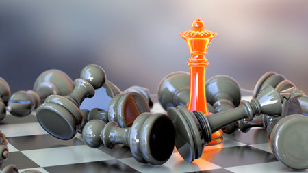 Chess game. Chess queen on chess board with defeated chess figures, 3d illustration. Success strategy busines concept. Leadship and ambition conceptの写真素材