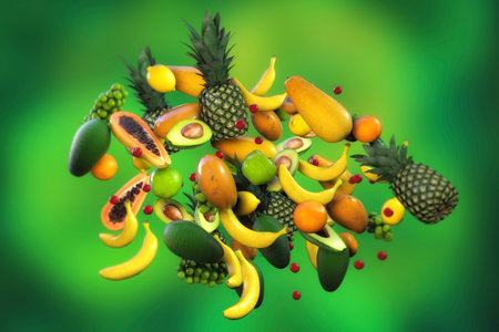 Composition of fruits, 3D illustration. Banana, avocado, grape, pine apple, papaya and other...