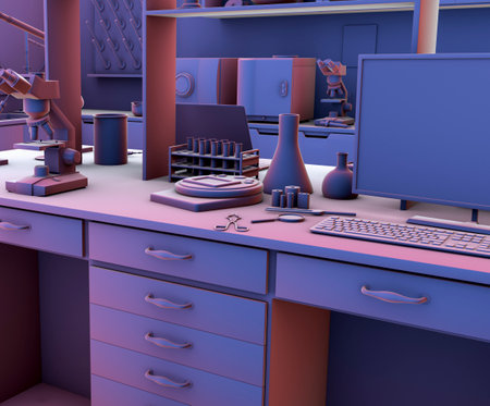 Chemical, research and diagnostic laboratory, 3D illustration. Colorful scientific background with chemical glassware and furnitureの写真素材