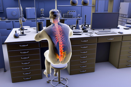 Work-related musculoskeletal disorders in laboratory workers, conceptual 3D illustration showing a lab specialist with highlighted skeleton working with microscopeの写真素材