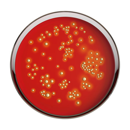 Colonies of bacteria Staphylococcus aureus on sheep blood agar medium, 3D illustration