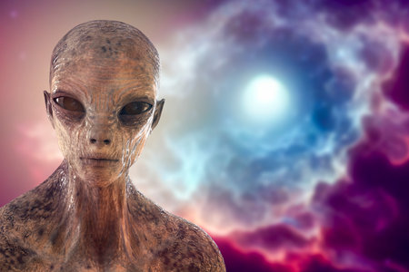 Portrait of a humanoid alien looking at camera on a space background, 3D illustration