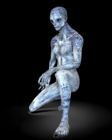 Humanoid alien with photo realistic highly detailed skin texture on black background, 3D illustrationの写真素材