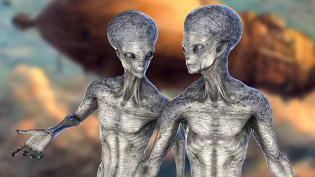 Two humanoid aliens talking between themselves with photo realistic highly detailed skin texture on a background with air ship, 3D illustrationの写真素材