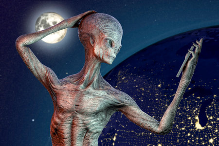 Humanoid alien makes selfie on the Moon and night Earth background, 3D illustrationの写真素材