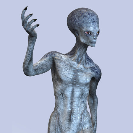Humanoid alien with photo realistic highly detailed skin texture, 3D illustration