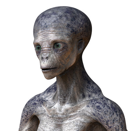 Portrait of a humanoid alien looking at camera with photo realistic highly detailed skin texture, 3D...