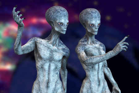 Two humanoid aliens talking between themselves with photo realistic highly detailed skin texture on...