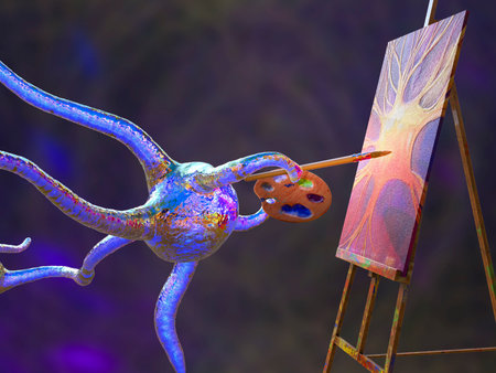 Neuronal cells bound in neural network paint a picture, conceptual 3D illustration. Concept of artificial intelligence in artの写真素材