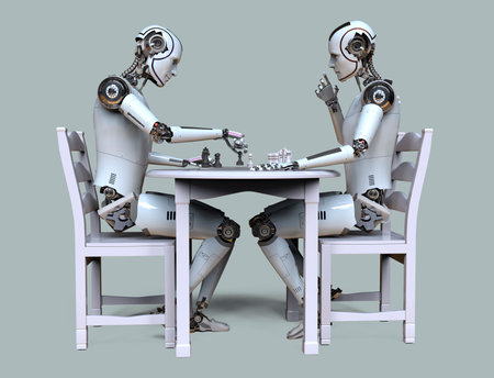Humanoid robot playing chess, conceptual 3D illustration. Sicilian defence chess opening. Artificial intelligence, futuristic chess game. Chess computer training conceptの写真素材