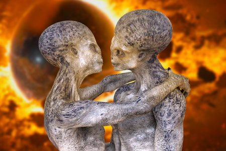 Aliens love, 3D illustration. A couple of humanoid aliens hugging each other on space backgroundの写真素材
