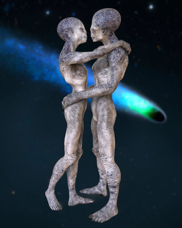 Aliens love, 3D illustration. A couple of humanoid aliens hugging each other on space backgroundの写真素材