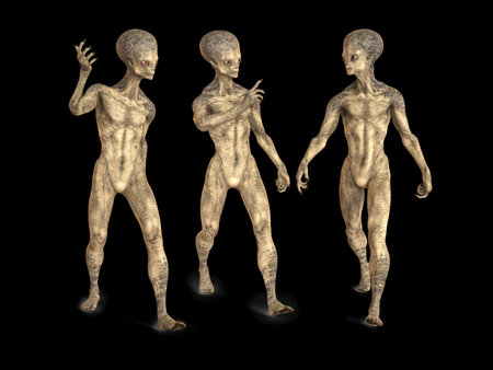 Three humanoid aliens talking between themselves with photo realistic highly detailed skin texture,...