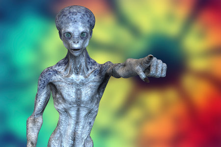 Humanoid alien pointing his index finger, 3D illustrationの写真素材