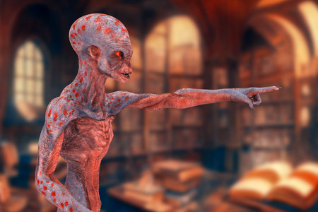 Humanoid alien pointing his index finger, 3D illustrationの写真素材