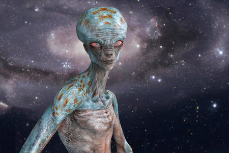 Portrait of a humanoid alien looking at camera with photo realistic highly detailed skin texture on space background, 3D illustrationの写真素材
