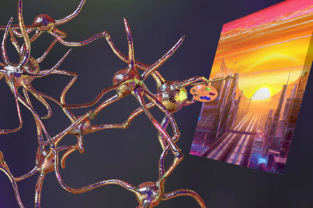 Neural network painting an art picture with brush and paints on a canvas paper, conceptual 3D illustration. Concept of artificial intelligence in artの写真素材