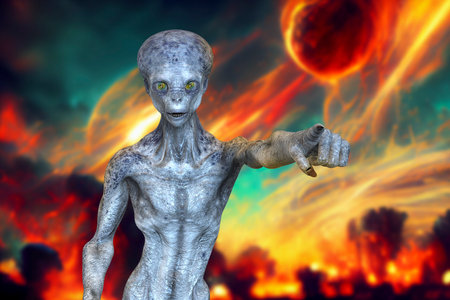Humanoid alien looking at camera pointing his index finger on space apocalyptic background, 3D...