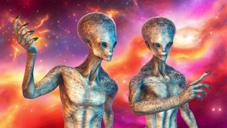 Two humanoid aliens talking between themselves with photo realistic highly detailed skin texture on...
