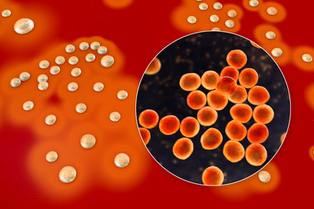 Bacteria Staphylococcus aureus, colonies on sheep blood agar medium and closeup view of bacterial...