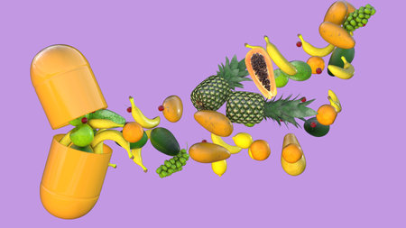 Pill with fruits, conceptual 3D illustration. Biological active additives, vitamins, healthy...