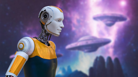 Portrait of a futuristic humanoid robot on space background, 3D illustrationの写真素材