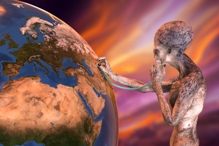 Humanoid alien with medical stethoscope listening the Earth planet, conceptual 3D illustration. Earth health and ecology conceptの写真素材