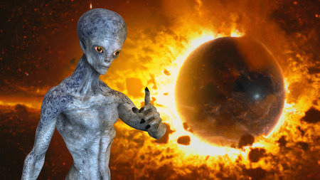 Humanoid alien on space apocalyptic background with asteroid approaching to the Earth, 3D...