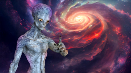 Humanoid alien looking aside from camera with photo realistic highly detailed skin texture on space...