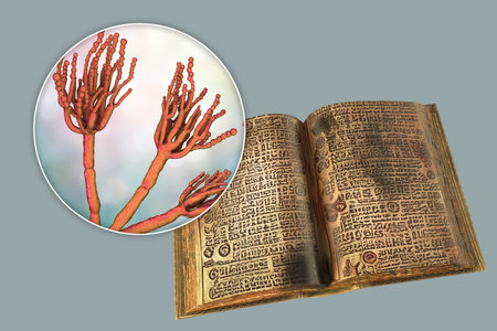 Mold in old books, conceptual 3D illustration. Open antique book with mold on its pages and close-up...