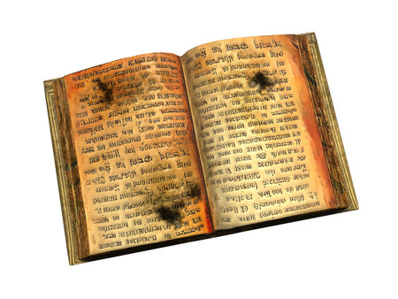 Mold in old books, conceptual 3D illustration. Open antique book with text on abstract language and black mold on its pagesの写真素材
