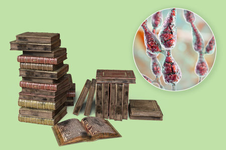 Mold in old books, conceptual 3D illustration. Antique books and close-up view of mold fungi Alternaria alternata, the common microscopic fungus found in old booksの写真素材