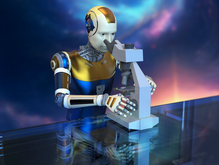 Humanoid robot working with microscope, conceptual 3D illustration. Laboratory automation. Artificial intelligence for medicine, science and laboratory industryの写真素材