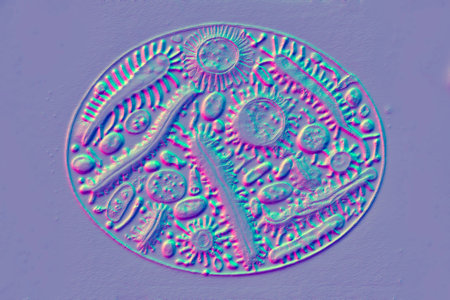 Beautiful microworld, microbes of different shapes, 3D illustration.の写真素材