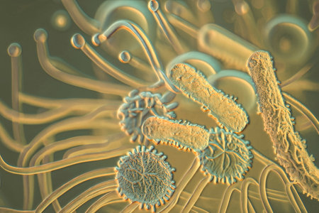 Beautiful microworld, microbes of different shapes, 3D illustration.の写真素材
