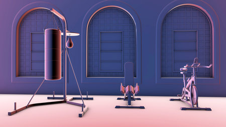 Modern gym fitness center with equipment, 3D illustration.の写真素材